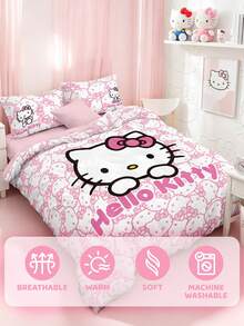 HELLO KITTY AND FRIENDS | SHEIN 3件組粉色完整版卡通圖案蝴蝶結裝飾被套組，卡通角色圖案，柔軟保暖材質，多尺寸適用單人床/雙人床/加大床/特大床，派對、節慶，可愛復古床上用品 - 淺粉色 - 查看 10