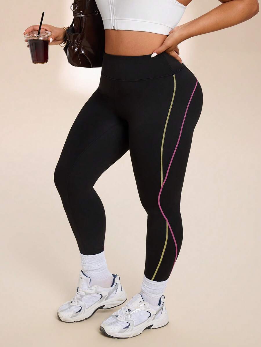 Easithlete Women's Plus Size Striped Pattern High Elasticity Tight Yoga Pants Suitable For Sports, Running, Fitness - Black - View 1