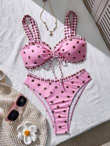 Swim Mod Women's Summer Beach Polka Dot Plaid Ruched Bikini Top And Triangle Bottom Two-Piece Swimsuit Set Pink And Black Polka Dot Cute - Pink - View 6
