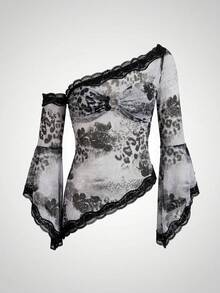 ROMWE Animal Print Grey Leopard Print Gradient Hippie Music Festival Vintage Sexy Lace Off-Shoulder Blouse For Women Night Out Summer - Grey - View 4