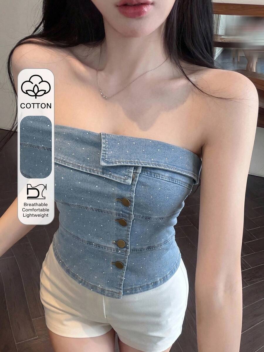 DAZY 夏季亮面水鑽貼身性感不對稱門襟拼接平口牛仔上衣女款 - 淺色水洗藍 - 查看 1