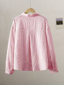 SHEIN 青少年女孩休閒簡約長袖落肩刺繡襯衫，返校日常穿搭 - 粉色 - 查看 2