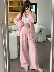 DAZY Setelan Denim 2 Potong Lengan Panjang Kerah Longgar Warna Polos Celana Panjang Lurus untuk Remaja Putri Musim Gugur - Berwarna merah muda - View 9