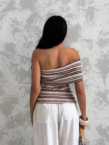 Glamine Women's Summer Vacation Asymmetric One Shoulder Diagonal Neckline Ruched Fitted Striped Sleeveless Top - Coffee Brown - View 3