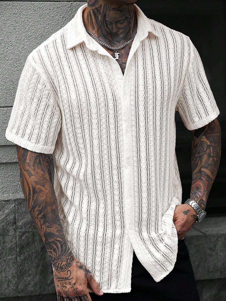 Manfinity CasualCool Men's Short Sleeve Lapel Single-Breasted Lace Striped Fashion Versatile Shirt - White - View 1