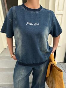 Dazy Petite Curve Letter Pattern Embroidered Loose Short Sleeve Top Pants 2pcs Set Spring Summer Plus Size Denim Outfit For Women Vacation Date Night Dusty Blue - Dark Wash - View 5