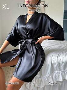 1pc This Women's Solid-Color Silk-Faced Sexy Short-Sleeved Bathrobe Features A Pure Mature Style, Suitable For Both Spring And Summer. It Is Ideal For Home Use, Gatherings, Parties, And Hotels - Black - View 10