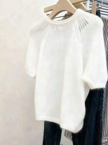 SHEIN 大码女式休闲日常通勤简约纯色泡泡袖针织上衣 - 白色 - 查看 2