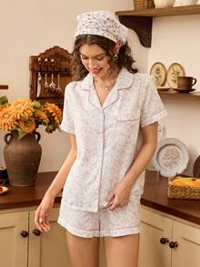 Romantic Ditsy Floral Lapel Short Sleeve Shorts Pajama Set - Baby Pink - View 4