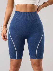 SHEIN Sports 1件女款無縫水洗霧面螺紋撞色寬腰帶基礎跑步健身運動單車運動短褲 - 藍色 - 查看 5