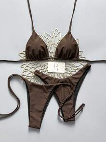 SHEIN Swim 2026 Spring/Summer Chocolate Brown 3 Pieces Halter Bikini Set Beach Club Sexy - Brown - View 1