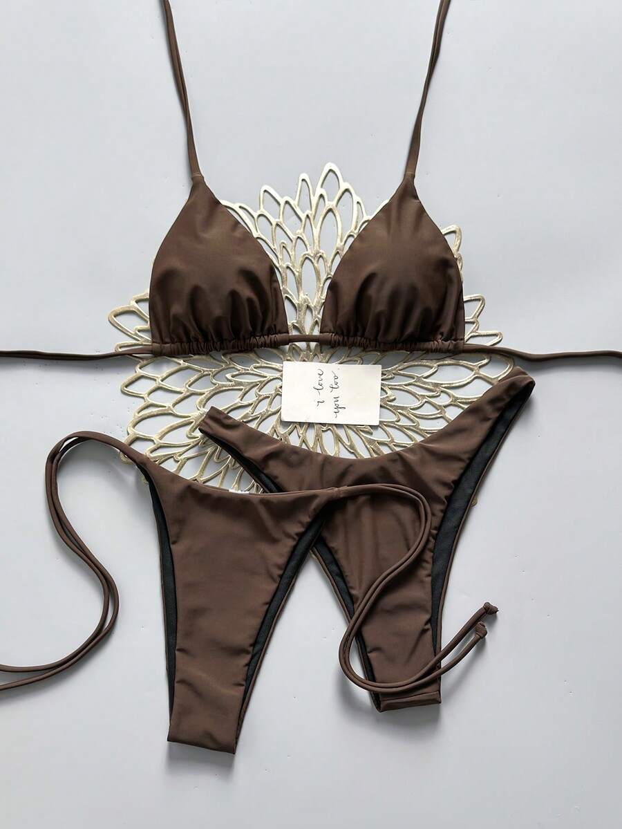 SHEIN Swim 2026 Spring/Summer Chocolate Brown 3 Pieces Halter Bikini Set Beach Club Sexy - Brown - View 1