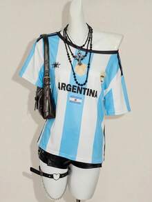SHEIN ICON Y2K 暗黑復古 Grunge 風格十字印花不對稱領寬鬆休閒 T-shirt - 彩色 - 查看 4