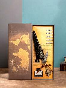 1pc Jubaboz Calligraphy Brush With A Stand And Replaceable Nibs, Feather Pen, Ink, Vintage Dip Pen With Mechanical Gears, Suitable For Office Use - multicolor - View 11