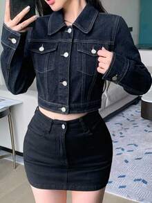 DAZY 女款秋季 Y2K 寬鬆休閒街頭風長袖牛仔夾克，大口袋設計 - 中等水洗藍 - 查看 6