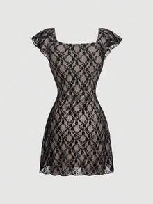 SHEIN MOD 女款方領拼接配色蕾絲內襯迷你時尚休閒洋裝 - 黑色 - 查看 5