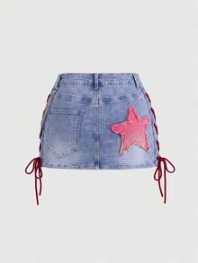 ROMWE J-Fashion 大尺碼 Y2K 復古紅色對比色英文字母女款牛仔裙 - 藍色 - 查看 2