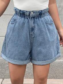 Dazy Tall Curve Short en jean bleu délavé à taille semi-élastique, jambe large ample et revers, pour femmes grandes tailles, printemps-été - Jean clair - Voir 4