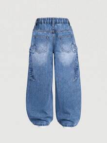 SHEIN Elladie kids 女童休閒日常復古水洗藍色牛仔寬腿牛仔褲，寬鬆舒適褲款，側邊綁帶蝴蝶結設計，適合日常穿著與度假場合 - 淺色水洗藍 - 查看 3