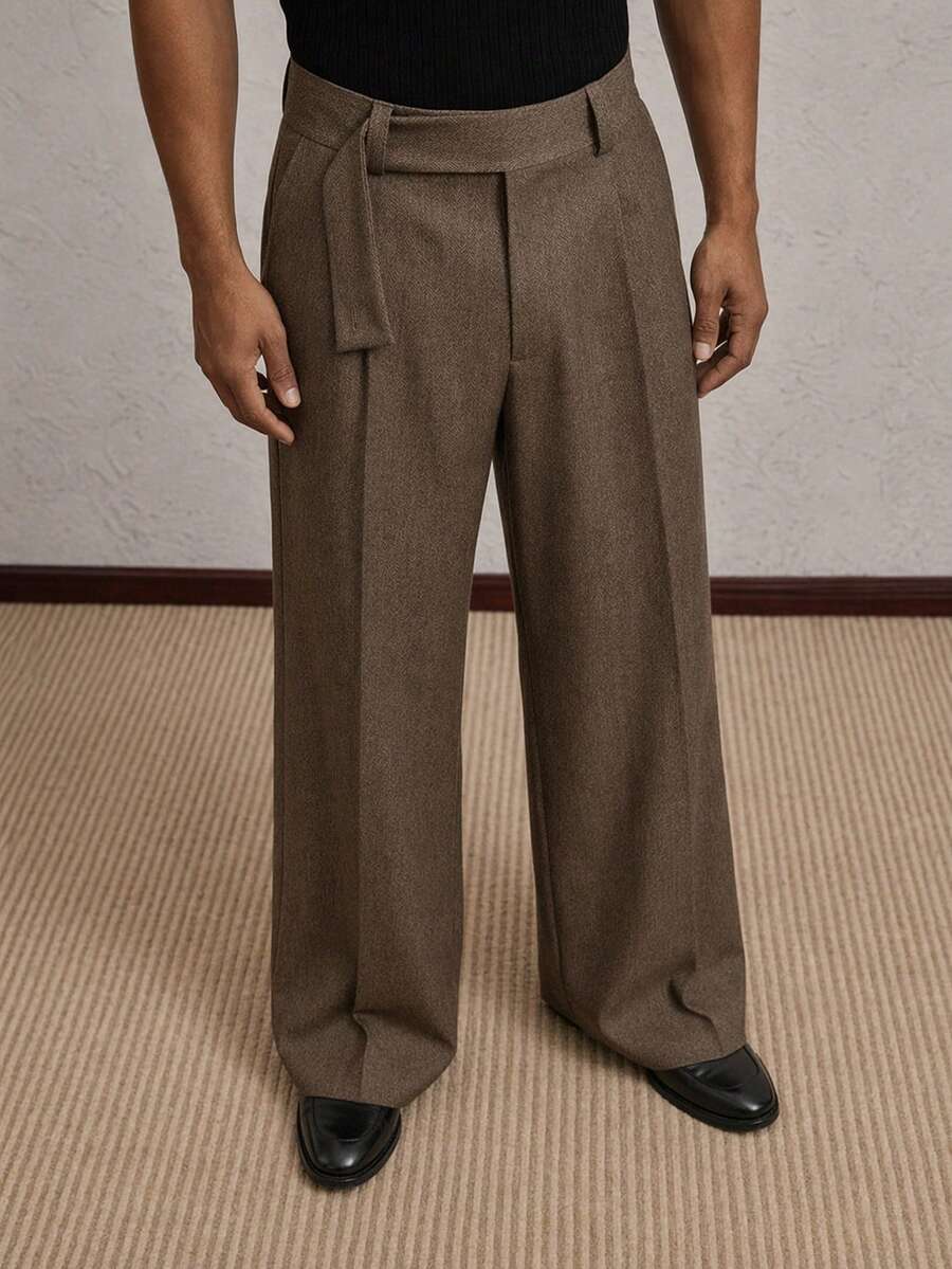AKNOTIC Brown Wide Leg High Waist Casual Trousers For Modern Style
Solid Color Loose Fit Wide Leg Pants With Self Tie Belt Design - Brown - View 1