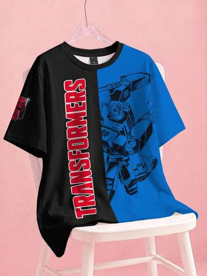 Transformers X SHEIN Men's Summer Casual Colorblock Patchwork Cartoon Print T-Shirt