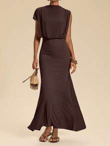 Travachic Women's Solid Color Stand Collar Mermaid Hem Elegant Long Dress Vacation Dark Brown Summer - Brown - View 2