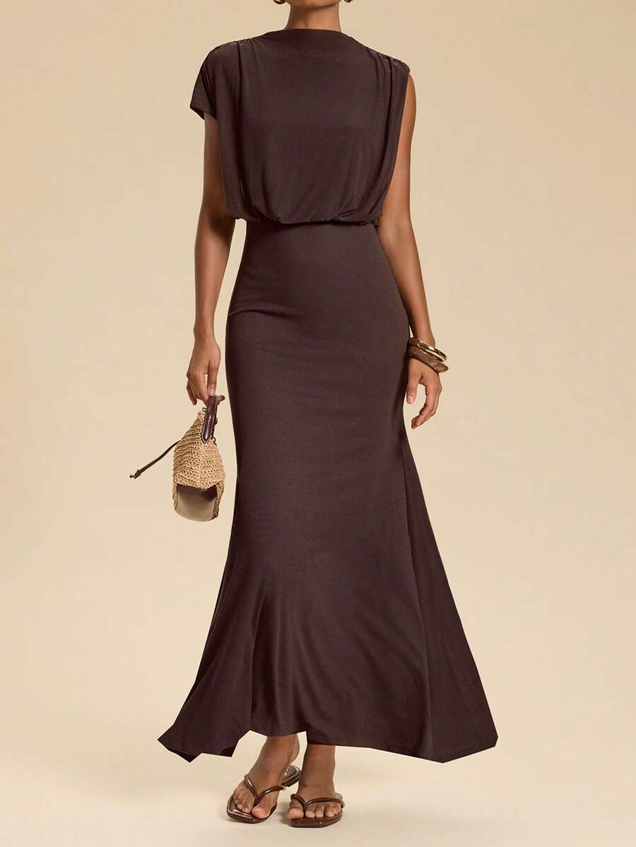 Travachic Women's Solid Color Stand Collar Mermaid Hem Elegant Long Dress Vacation Dark Brown Summer