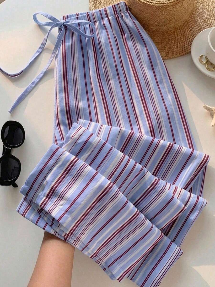 SHEIN EZwear 女款休閒繫腰直筒長褲,適合夏季 - 彩色 - 查看 1