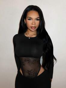 SHEIN SXY 女款新款性感黑色長袖蕾絲拼接透視連身衣，適合夜店外出的秋季穿搭 - 黑色 - 查看 6