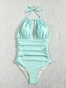 SHEIN Swim 女款夏季海灘素色抓皺性感掛脖式一件式泳衣 - 綠色 - 查看 6