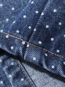 Dazy Plus Celana Pendek Denim Biru Tua dengan Bordir Pita di Saku Belakang, Potongan Lurus, Panjang Selutut, Musim Semi/Panas - Medium Wash - View 3