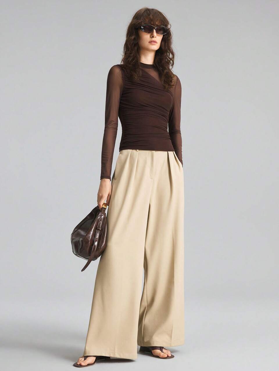 2026 New Autumn Women's Fitted Solid Brown Long Sleeve Top With Small Stand Collar, Asymmetric Ruched Design, Casual Commute Urban Modern Minimalist Elegant Tea Party Independence Day Old Money Style Teacher, Women's Office Wear Holiday Vacation Date, Women's Outwear Fashion Versatile Top