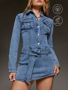 BAD SUNDAY Women'S Short Denim Dress With Front Pocket, Button-Down Front, Metal Buckle Belt Teacher Outfits Elegant Dresses - Medium Wash - View 6