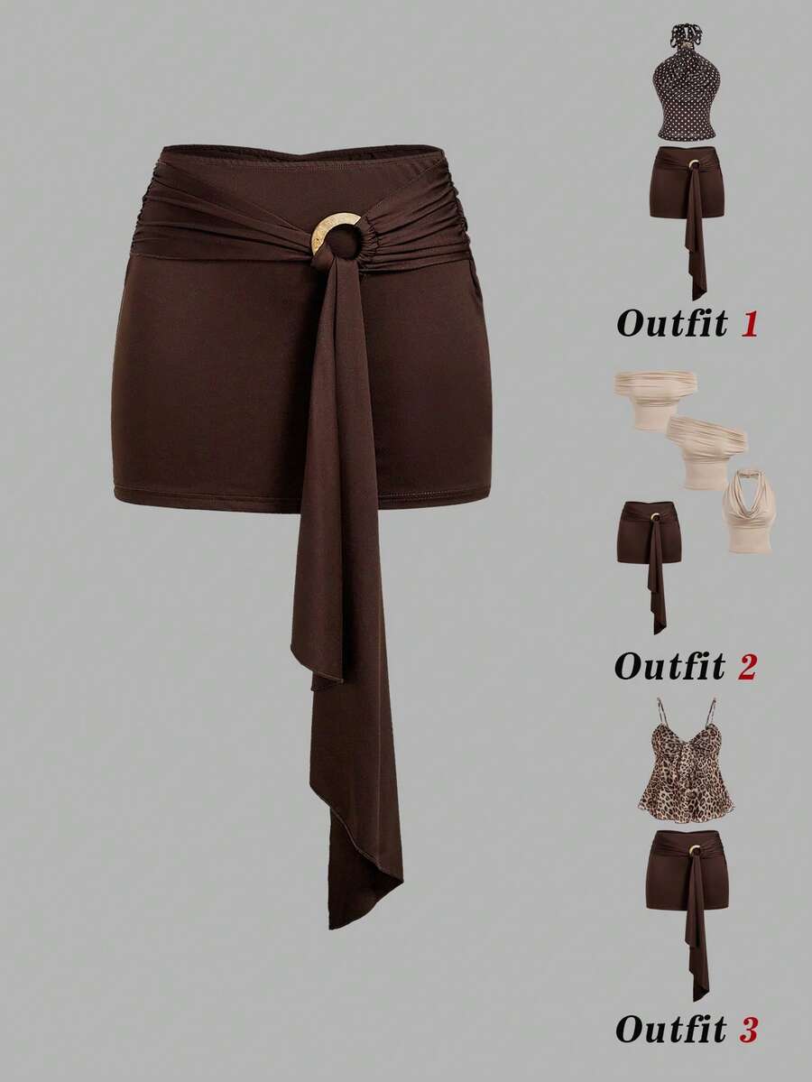 SHEIN MOD Women Fashionable Chocolate Brown Mini Skirt With Gold Ring Detail And Draped Front Accent,Brown Skirts For Women - Brown - View 1