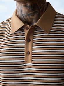 Manfinity Homme 男士對比領紋理針織條紋 Polo 衫，復古休閒短袖街頭上衣 - 彩色 - 查看 3