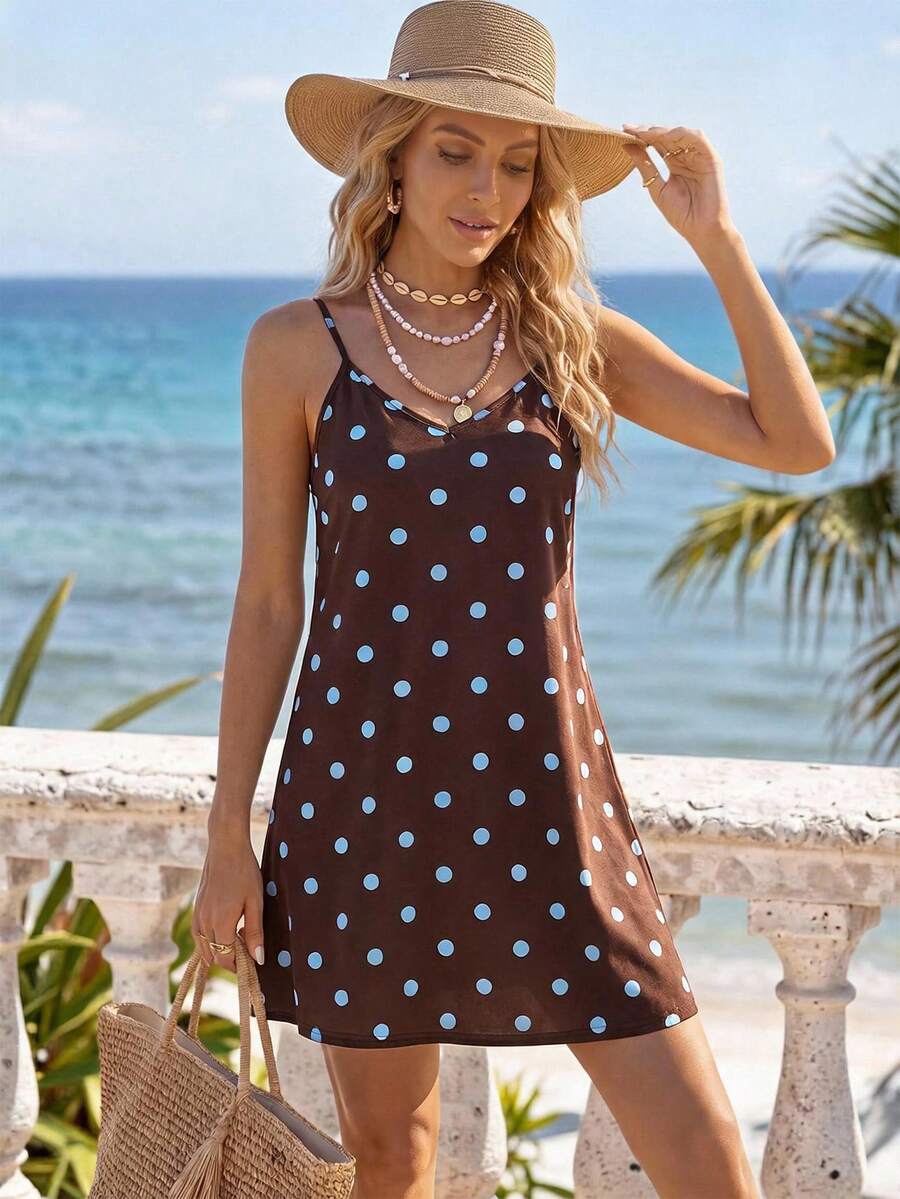 SHEIN LUNE Women's Casual Boho Printed Mini Dress Suitable For Summer/ Beach Brown Polka Dot - Multicolor - View 1