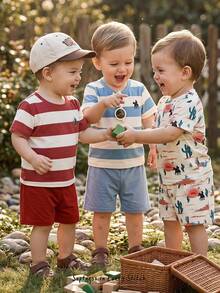Cozy Pixies Baby Jungen 3-teiliges Set mit bunt gestreiftem Nomad-Stil, Kaktus-Sonnenaufgang-Wüstenmuster, weichem Strick-Pullover mit Rundhalsausschnitt und Kurzarm sowie Shorts mit elastischem Bund, lässig für den Urlaub - Verschiedenfarbig - Übersicht 4