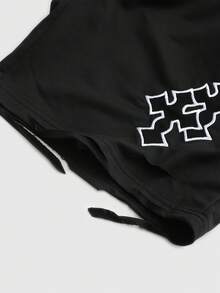 ROMWE MEN Street Life Men's Drawstring Waist Cross Pattern Casual Daily Shorts - Black - View 5