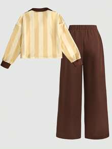 SHEIN Tween女孩秋冬休閒復古學院風黃色與棕色條紋印花POLO領小Logo印花織帶裝飾寬鬆長袖衛衣與配套織帶寬腿直筒運動褲套裝 - 黃色 - 查看 8