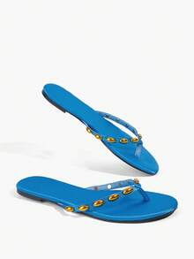 Grefit Sapphire Blue Riveted Flip-Flops With Bold And Avant-Garde Styling, Suitable For Holiday Style, Spring Street Wear Or Relaxed Summer Guest Styling - Blue L - View 12