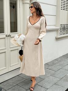 SHEIN Frenchy Women's Solid Color V-Neck Contrast Trim Waist-Flattering Slimming Fashion Versatile Mid-Length Dress - Apricot - View 7