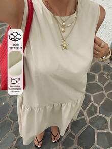 Dazy Plus 大尺碼女款白色休閒洋裝，圓領，春夏度假太陽裙 - 棕色 - 查看 3
