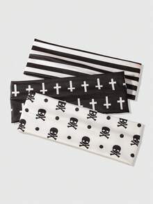 ROMWE Goth 3件組 Y2K 暗黑骷髏十字條紋印花街頭風女款髮箍，運動洗臉與外出通用女性髮飾 - 多色1 - 查看 2
