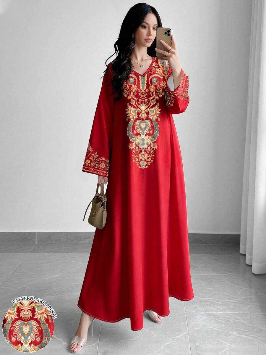 SHEIN Najma 女款阿拉伯花卉植物領印花紅色時尚V領長袖洋裝,優雅阿拉伯風服飾,春夏長洋裝 - 彩色 - 查看 1