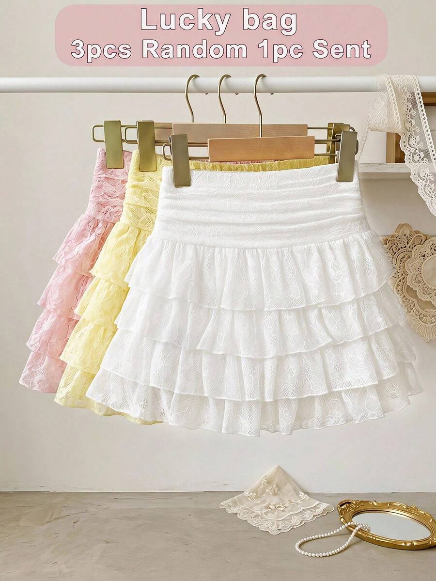 SHEIN Teen Girls White Lace Jacquard Skirt, Elegant Vacation Work Bridal Versatile Hollow Textured Ruched A-Line Mini Suitable,Fall Clothes,Random 1pc Sent - White - View 1