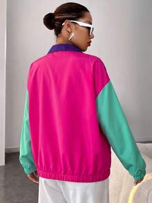 SHEIN EZwear 春季配色拼接落肩拉鍊夾克 秋冬多色女款輕便外套 - 彩色 - 查看 2