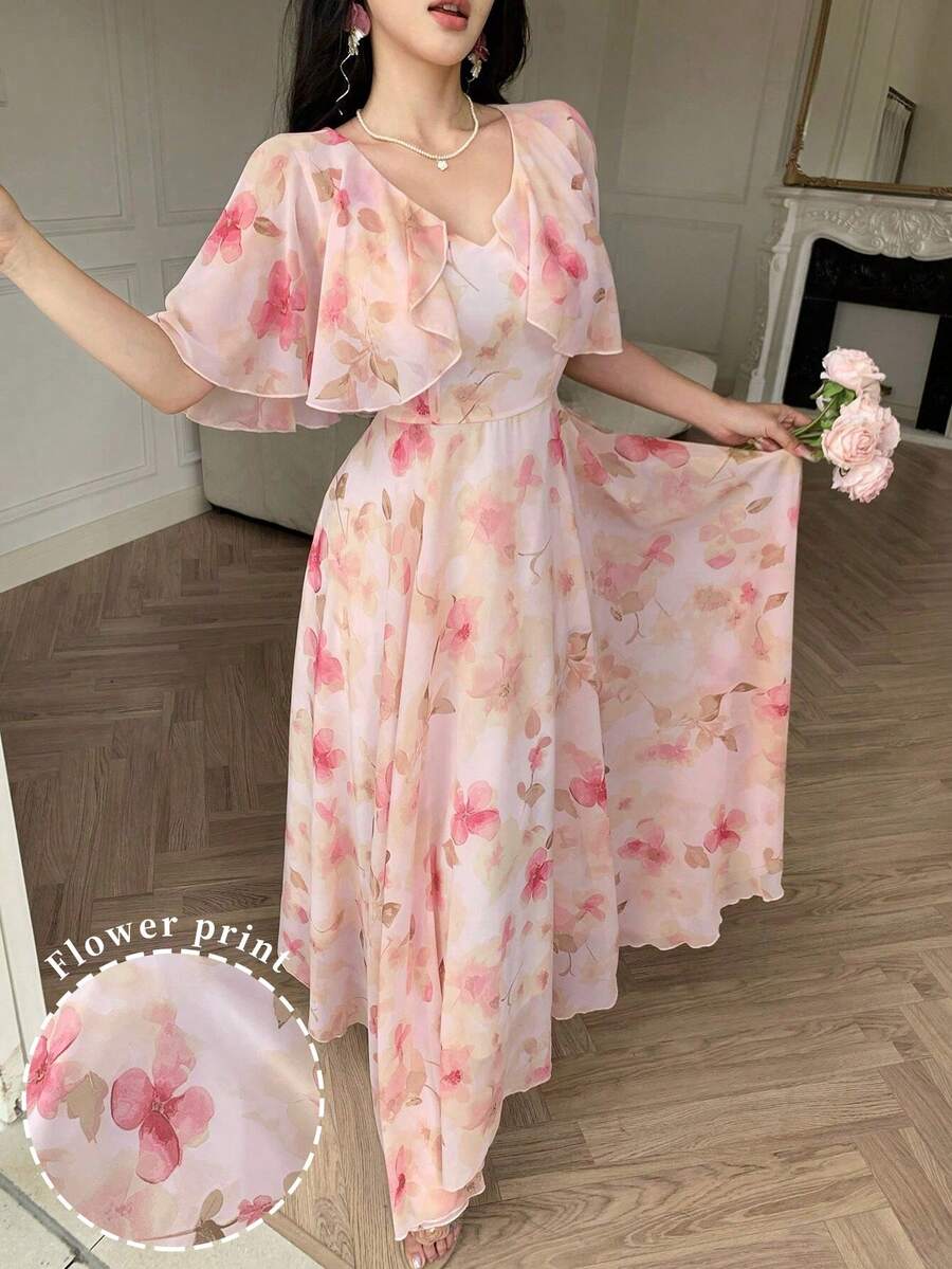 Modelyn 女款V領披肩設計收腰大裙擺花卉雪紡印花洋裝