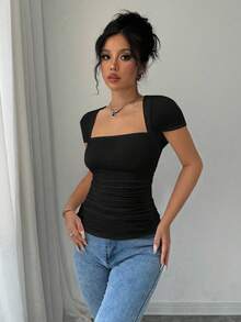 Rafferiza Camiseta ajustado de moda con mangas raglan, cuello en U, cintura fruncida, elástica, blanca, para primavera/verano, para mujeres - Negro - Ver 5