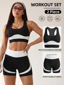 Easithlete Easithlete Contrast Color U-Neck Sleeveless Fitted Workout Set - Black and White - View 1