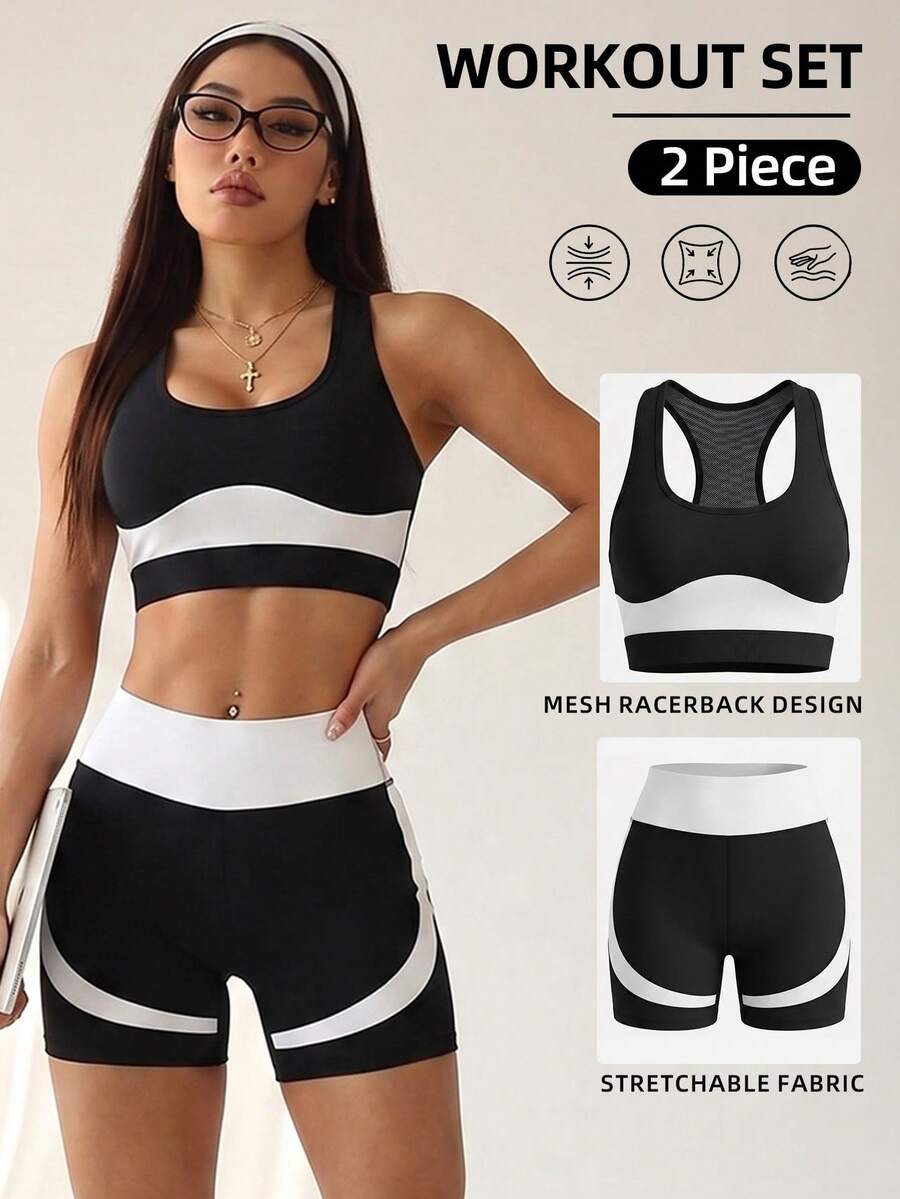 Easithlete Easithlete Contrast Color U-Neck Sleeveless Fitted Workout Set - Black and White - View 1